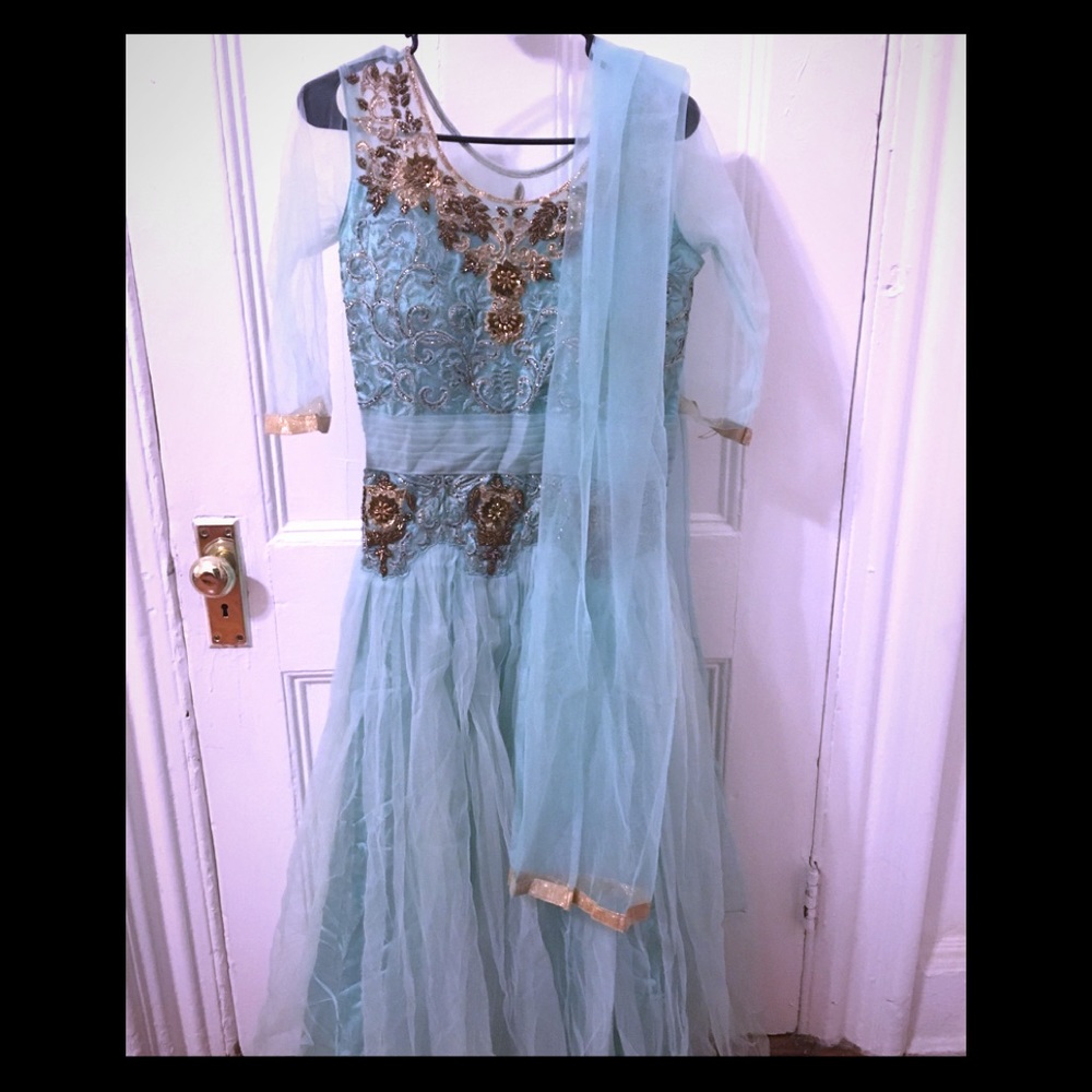 Beautiful formal gold embroidery sea green gown